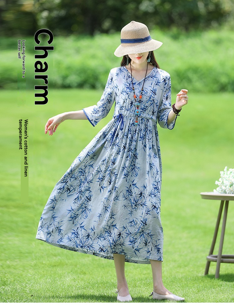 Rochie cu decolteu în V din bumbac și in imprimat